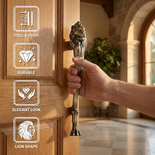 Image of GLOXY Premium Antique 12 inch Lion Shaped Main Door Handle with 8 inch Hole-to-Hole Spacing - Decorative Push & Pull Aluminium Wooden & Glass Door Handle for Homes, Hotels, Offices & Banquet Halls - Pack of 1