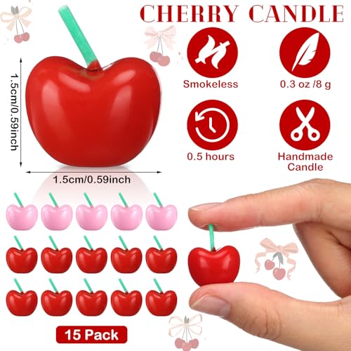 Image of Conelist 15 Pcs Cherry Shaped Birthday Cake Toppers Decor, Red, Pink | Cute Fruit Shaped Candles Mini Cherry Cake Decorations Party Favors Soy Wax Cupcake Toppers for Wedding Dessert Table Gifts