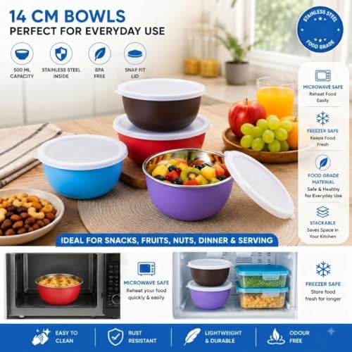 Image of Zaib Stainless Steel Microwave Safe Serving Bowl 500 ml, 14 cm