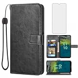 Asuwish Compatible with Nokia C110 Wallet Case Tempered Glass Screen Protector and Leather Flip Cover Card Holder Stand Cell Accessories Phone Cases for NokiaC110 Women Men Black