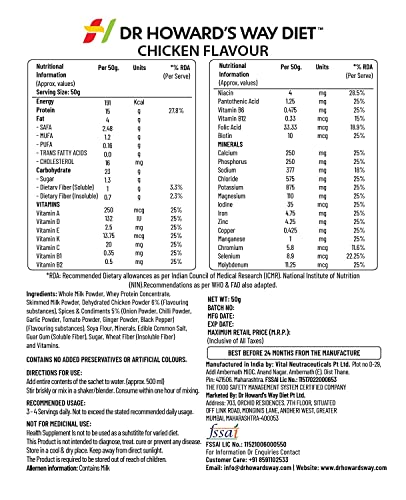Image of Dr Howard's Way Diet | Total Food Replacement | Chicken Soup For Weight Loss & Management | Healthy Meal Replacement | Essential 13 Vitamins & 14 Minerals | Less than 200 Calories Per Meal Pack | For Men & Women | 50Gm (Non -Vegetarian)