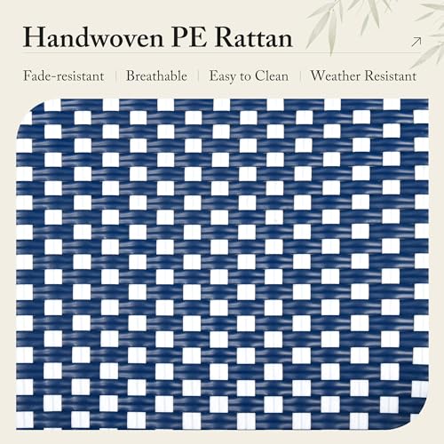 Image of PURPLE LEAF Patio Dining Chair Set of 4 Outdoor French Aluminium Frame in Bamboo Finish with Navy Blue & White Woven Rattan for Indoor Kitchen Deck Bistros Cafe