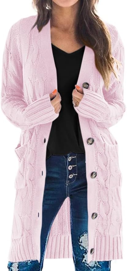PRETTYGARDEN Long Sleeve Cable Knit Long Cardigan for Women 2025 Fall Winter Chunky Open Front Button Sweaters with Pockets