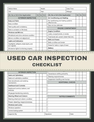 Used Car Inspection Checklist: Pre-Owned Used Car Inspection Report Book.