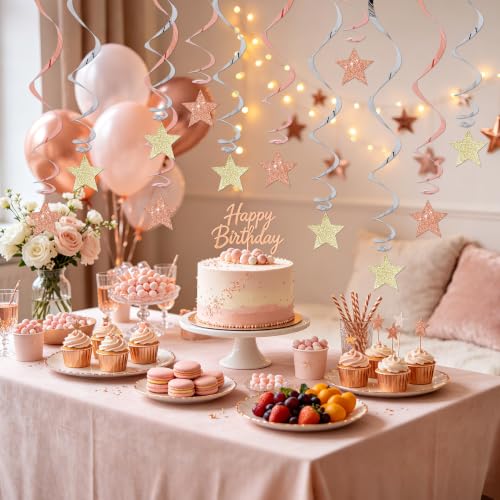 Image of BEISHIDA Rose Gold and Silver Glitter Stars Hanging Swirls Pre-Strung Hanging Ornament Decorations for Engagement Bridal Showe Wedding Anniversary Birthday Party Decorations,Pack of 15