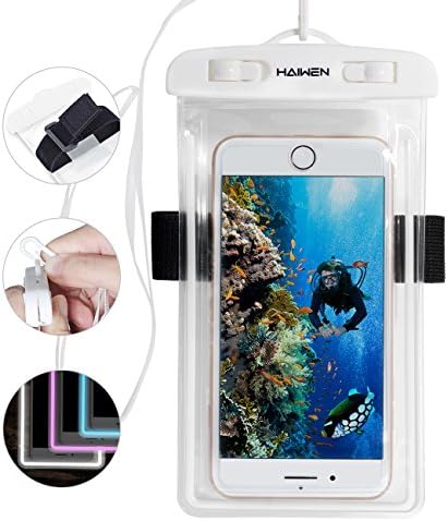 HAIWEN Premium Quality Universal Waterproof Phone Pouch Dry Bag with Armband and Fluorescent Strip for iPhone XR XS X 8 7 6S 6 5, Samsung Galaxy S9 S8 S7 J7 J3, LG Moto up to 6.0"(White)