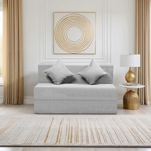 Image of Amazon Brand - Solimo 2 Seater 4 * 6 Jute Fabric Washable Cover Sofa Cum Bed with 2 Cushion 2 Seater Double Foam Fold Out Sofa Cum Bed (Finish Color - Light Grey Delivery Condition - Pre-Assembled)