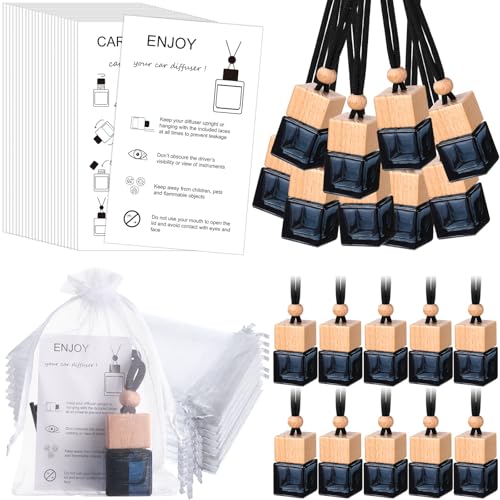 Boao 25 Sets Hanging Car Air Freshener Diffuser Bottles Empty Bulk with Car Diffuser Instruction Cards Organza Bags Glass Refillable Essential Oil Fragrance Aromatherapy Pendant (Square)