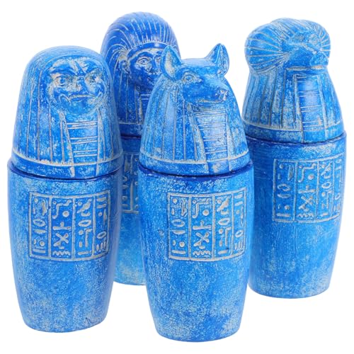 QUMIIRITY Juego de 4 Vasos Canopos del Antiguo Egipto, Esculturas Decorativas de Jarrones Inscripciones Jeroglíficas y Figuras Hijos de Horus, Set de Frascos Pequeños para Decoración