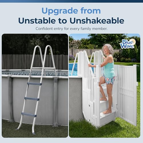 Image of Blue Wave Above Ground Pool Steps with Gate and Bridge - Heavy Duty Stairs with Dual Handrails, 350-lb Capacity - Freestanding for 48 to 54 Inch Deep Pools, No Deck Required