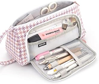 EASTHILL Big Capacity Pencil Case Canvas High Large Storage Pouch Marker Pen Case Simple Stationery Bag School College Office Organizer for Teens Girls Adults Student-Plaid Pink