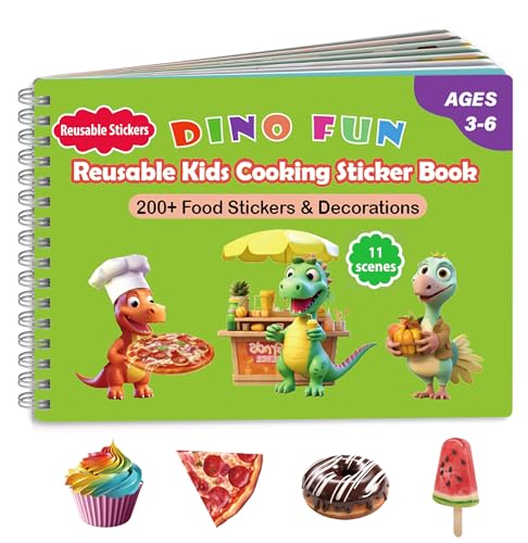 Dino Fun Cooking Sticker Book, Create & Play with 200+ Removable Food Stickers & 11 Playful Kitchen Scenes for Kids 3-6