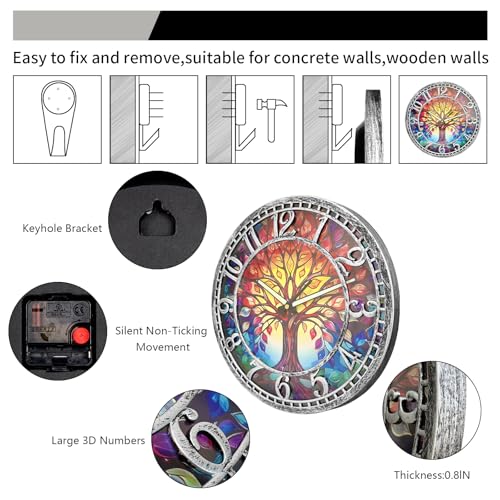 WANGIRO 12" Round Tree of Life Wall Clock Silent Non-Ticking Antique Silver - Image 4