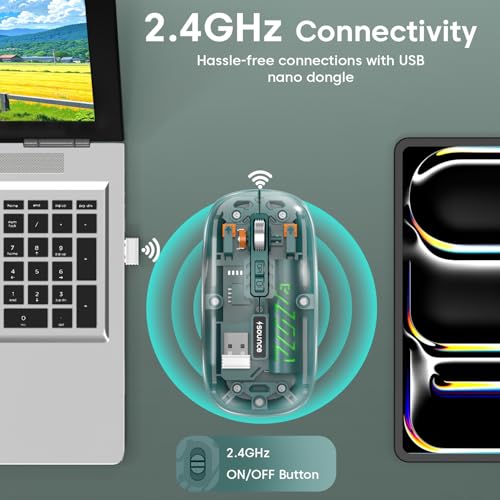 Image of Sounce AeroClick Transparent Wireless Mouse with 800 /1200 /1600 DPI Optical Sensor Triple Mode Bluetooth BT5.1 and 2.4GHz Connectivity for PC Laptop Mac iPad Rechargeable 500mAh Battery (Cyan)