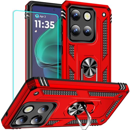 Yiakeng for Moto g Stylus 5G 2025 Case: with Screen Protector - Military Grade Protective Cases with Finger Ring Holder Kickstand for Motorola Moto g Stylus 5G 2025(Red)