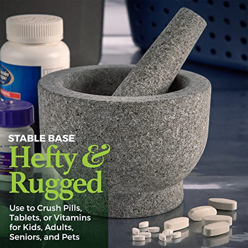 Image of Granite Pill Crusher Set - Easy Grip Non-Slip Stone Muddler & Deep Bowl with Silicone Lid - Mortar and Pestle Grinder for Pills, Tablets, Vitamins and More