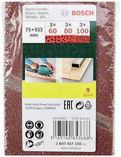 Bosch 9tlg. Schleifband-Set verschiedene Materialien (Körnung 60/80/100, 75 x 533 mm, Zubehör für Bandschleifer)