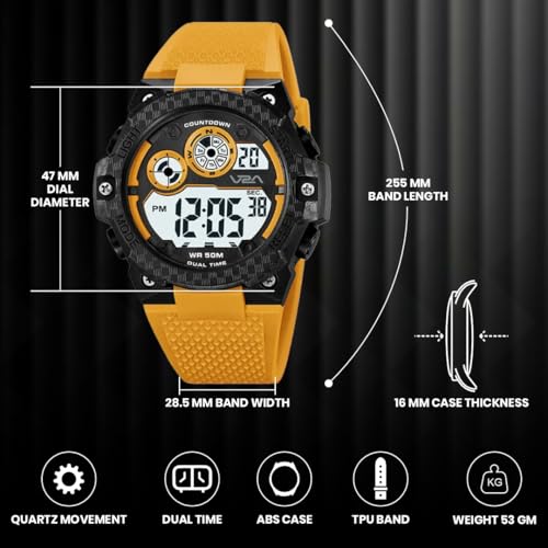 Image of V2A DIGITRON-VOLTRIX 2837 Digital Watch for Men | Bold Patterned Case Design | Dual Time Sports Watch with Countdown, Backlight & 50M Waterproof