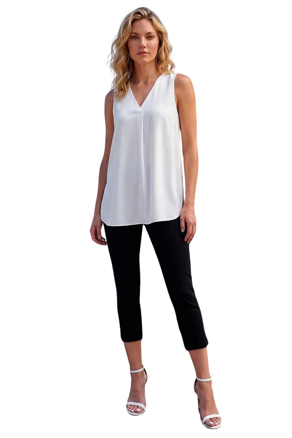 Roman Originals Women's Ivory Pleated Vest Tank Top Sleeveless Blouse Shirt Tunic Summer Autumn Holiday V-Neck Work Office Cocktail Party Special Occassion Going Out - Size 10