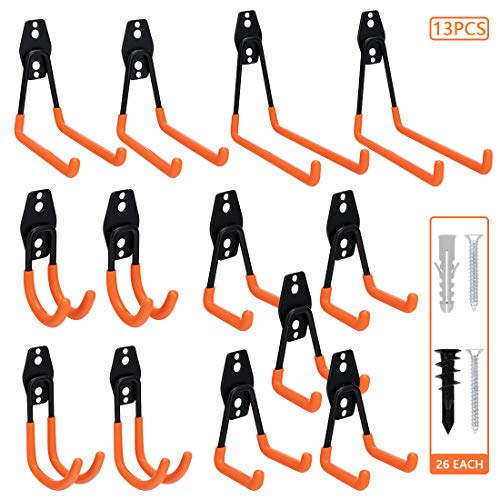Tompig Garage Hooks Heavy Duty 13 Pack,Steel Garage Storage Hooks,Wall Mount Garage Organizer for Garden Tools,Storage for Ladders,Bike,Hoses,and More Equipment