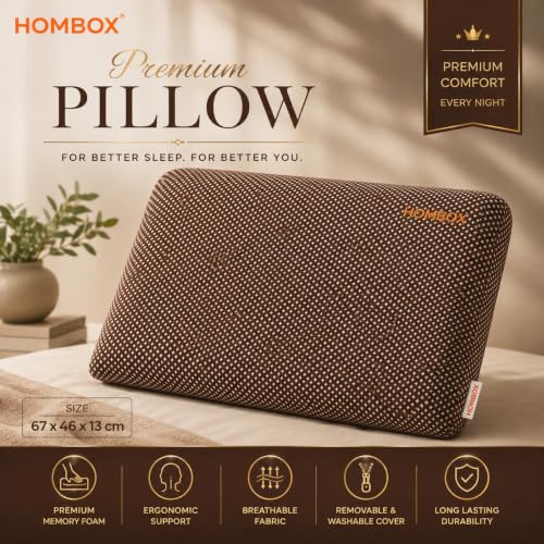 Image of HOMBOX Orthopaedic Memory Foam Pillow for Better Shoulder and Neck Support, 1 Piece (Queen Size, 22x16 inches, White /Grey Fabric Queen Size (Brown)