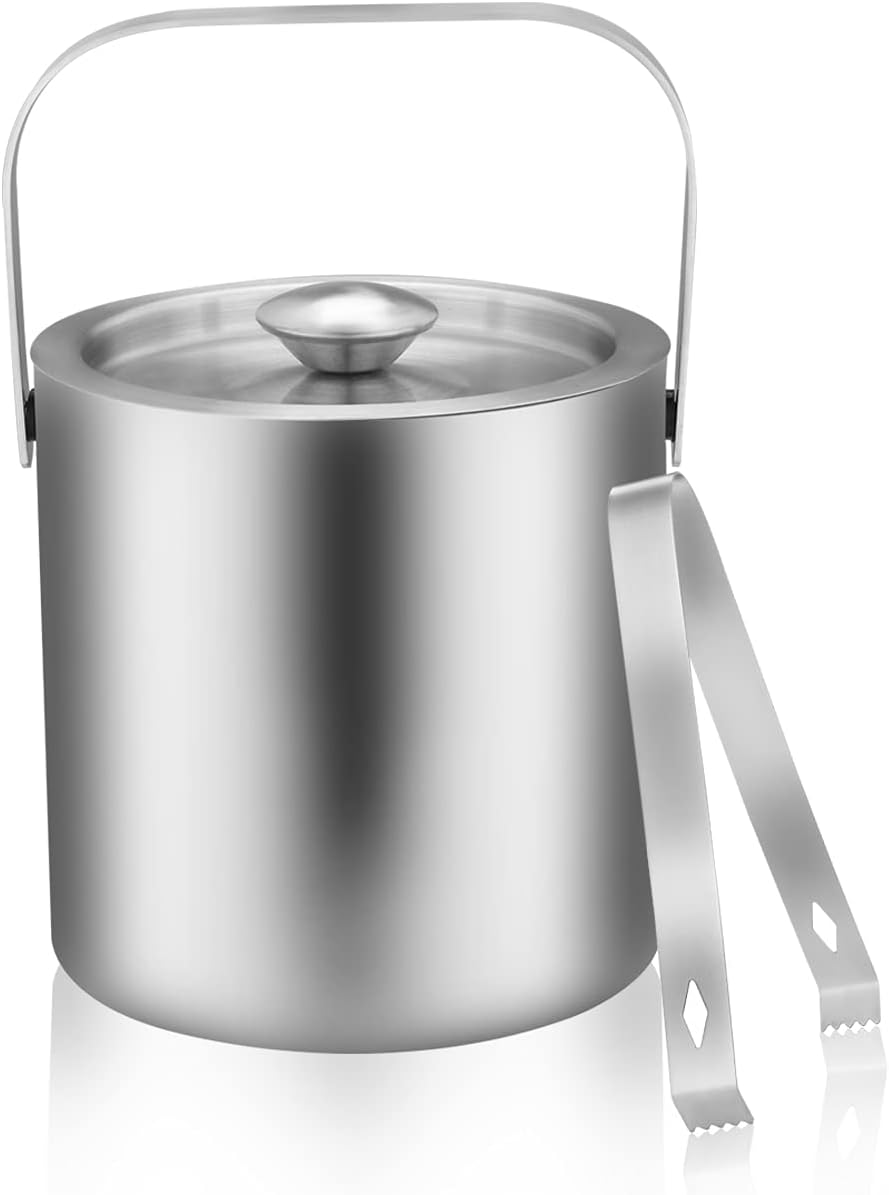LUCKYGOOBO Mini Ice Bucket Portable Double Wall Ice Bucket with Tong,Stainless Steel Hotel Bucket/Champagne/Beverage Bucket,Size 1.3 Liters 5.5 x 5.5 in,Serveware for Party,Event,and Camping.
