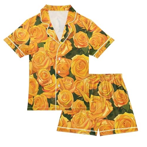 ALAZA Yellow Rose Flower Leaves Pajamas Satin Pajama Set Short Sleeve Button Down Sleepwear