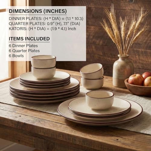 Image of Ceramic Dinner Set, Beige with Brown Rim, Speckled Finish, 18 Pieces