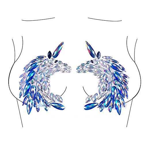 Glitter Unicorn Body Jewels Rave Festival Rhinestone Face Body Jewelry Stick On Crystal Tattoo Nipple Chest Crystal Body Gem Stones Stickers - Blue