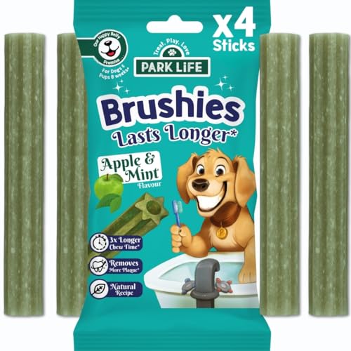 Park Life Brushies Snack Masticabile per Cani, Gusto Mela e Menta, 4 Bastoncini, 80g, Lunga Durata, Igiene Dentale, Ricetta Naturale