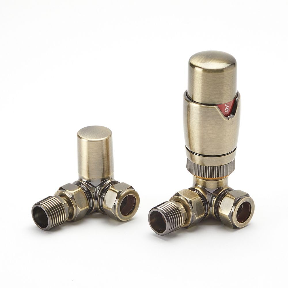 Milano Gold Brushed Thermostatic Corner Heated Towel Rail Radiator Valve Trv And Lockshield