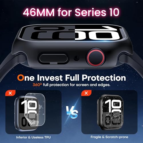 Image of VEMIGON Hard PC Case Compatible with Apple Watch Series 11 /10 46mm with Tempered Glass Full Screen Protector, Full Coverage, Touch Sensitive, Ultra-Thin HD Bumper Protective Cover for iWatch (Black)