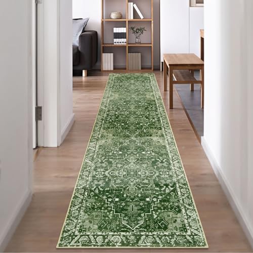 Image of Famibay Hallway Runner Extra Long 60x300cm Runner Rugs Washable Non Slip Runner Rugs for Hallway Vintage Boho Green Kitchen Carpet for Entryway Hall Bedroom