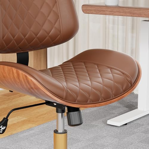 Image of Armless Office Chair with Back, Mid Century Modern Small Desk Chair, No Arms Leather Computer Chair for Home Office, Swivel Vanity Chair, Rolling, Adjustable Height (Dark Brown)