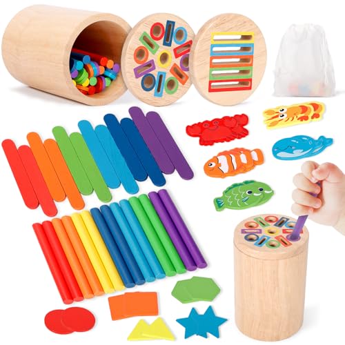 GRIRDDIV Juguetes Niños 1 2 3 Años, 4 en 1 Juguetes de Madera para Actividades y Desarrollo Montessori, Juegos Educativos Niños 1 3 Años con Bolsa de Almacenamiento, Desarrollo Motor Fino