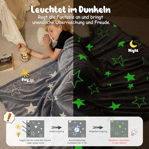 Winthome Kuscheldecke Kinder, Deck Glow In The Dark, Fleecedecke 130x170cm Weiche Flauschig, Babydecke Warme Kuschelig, Sofadecke für Mädchen Junge, Geschenke, Passend zu Allen Jahreszeiten (Stern)