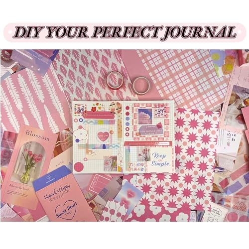 Image of Vintage Aesthetic Scrapbook Kit(346Pcs) Scrapbooking Supplies Kit with Bullet Junk Journal,Stationery,A6 Grid Notebook Journaling Gift for Girl (Pink Scrapbook)