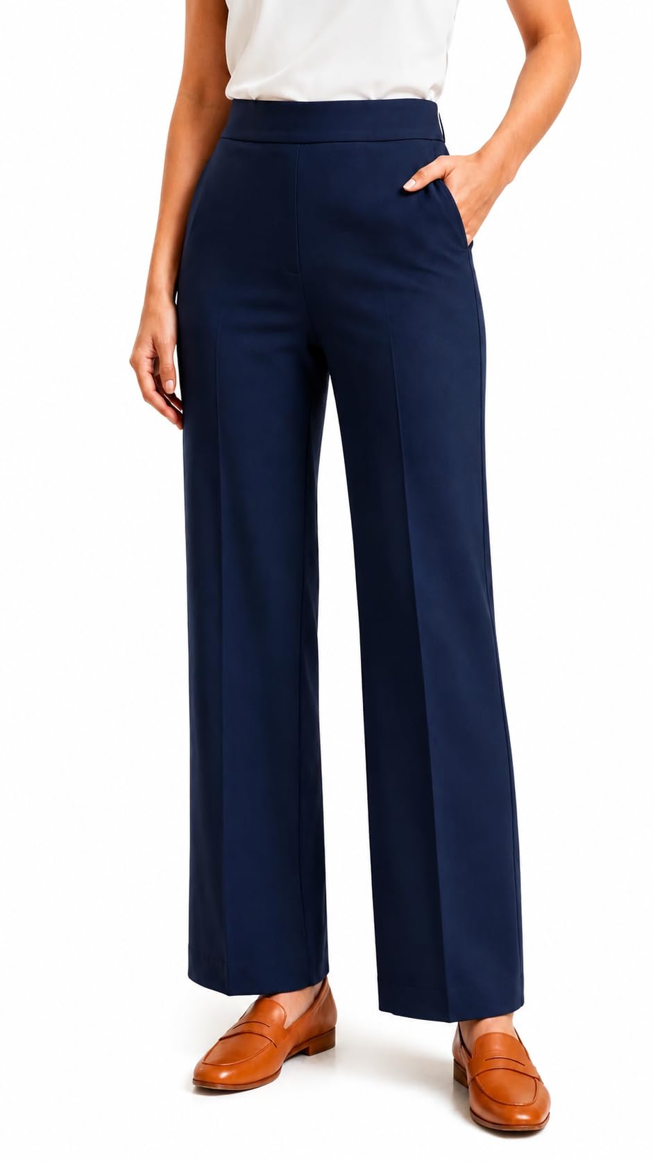 Straight Fit Cigarette Pencil Pants Elastic Waist Band Mid High Waist Formal Office Trousers for Women, Pockets for Travel Stretch Cotton Knit Full Length Regular/Plus Size-image-47