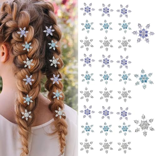 30 pezzi Mini fermagli per capelli a forma di fiocco di neve con strass, graziosi accessori per decorazioni per capelli a tema Frozen, mini ornamenti a forma di fiocco di neve in argento con strass