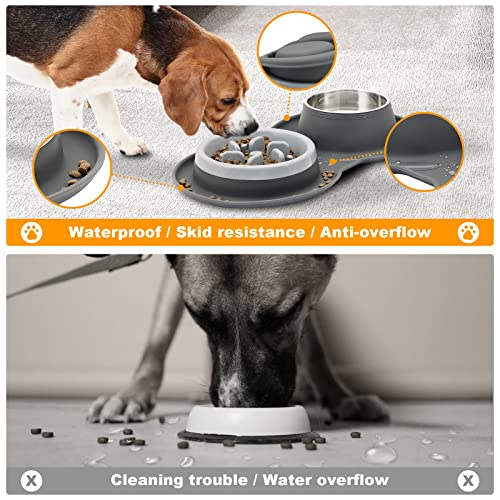 Pet Bowls And Silicone Feeding Mat Set (5-In-1) Slow Feeder Dog Bowls, Catch Water And Food Mess, Raised Edges For No-Spills, Stainless Steel Dishes For Puppy Medium Dogs Cats (Grey) #TOP4