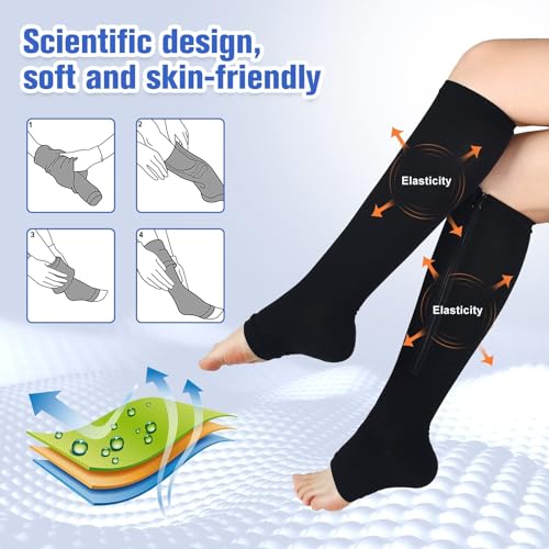 Image of bropite Zipper Compression Socks Women & Men - 2Pairs Calf Knee High 15-20mmHg Open Toe Compression Stocking suit for Walking