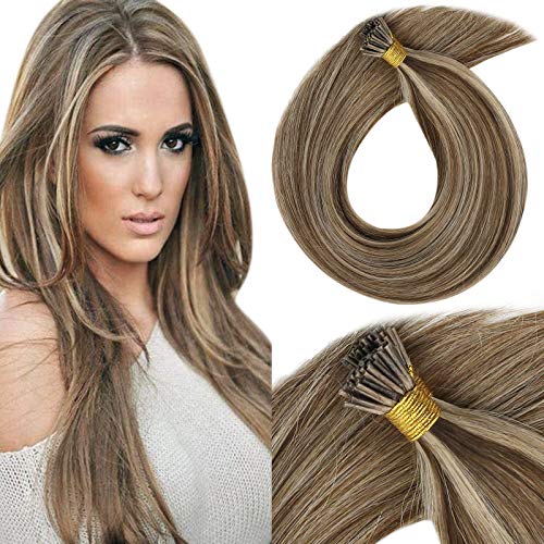 VeSunny 14inch I Tip Remy Hair Extensions Human Hair Color #4 Dark Brown Mixed #27 Caramel Blonde Fusion Hair Extensions 50Gram Per Pack