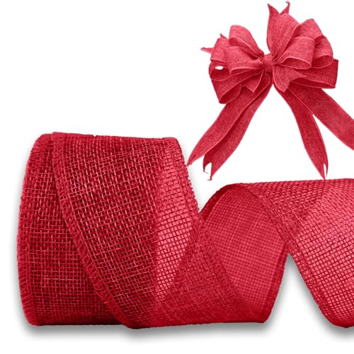 JaoZuyard Red Burlap Ribbon 2 inch X 10 Yard Red Linen Wired Ribbon