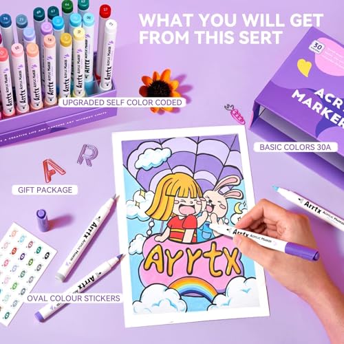 Image of Arrtx Acrylic Markers 30A,Brush Tip Acrylic Paint Pens Markers for Rock Painting, Wood, Ceramic,Glass,Canvas,Metal,Plastic, Fabric, Stone & DIY Projects