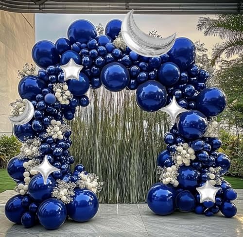 Image of Navy Blue Balloon Garland Arch Kit Double Stuffed Royal Blue Star Moon Balloons for Birthday Baby Shower Over the Moon Prince Graduation Wedding Space Astronaut Galaxy Party Decorations