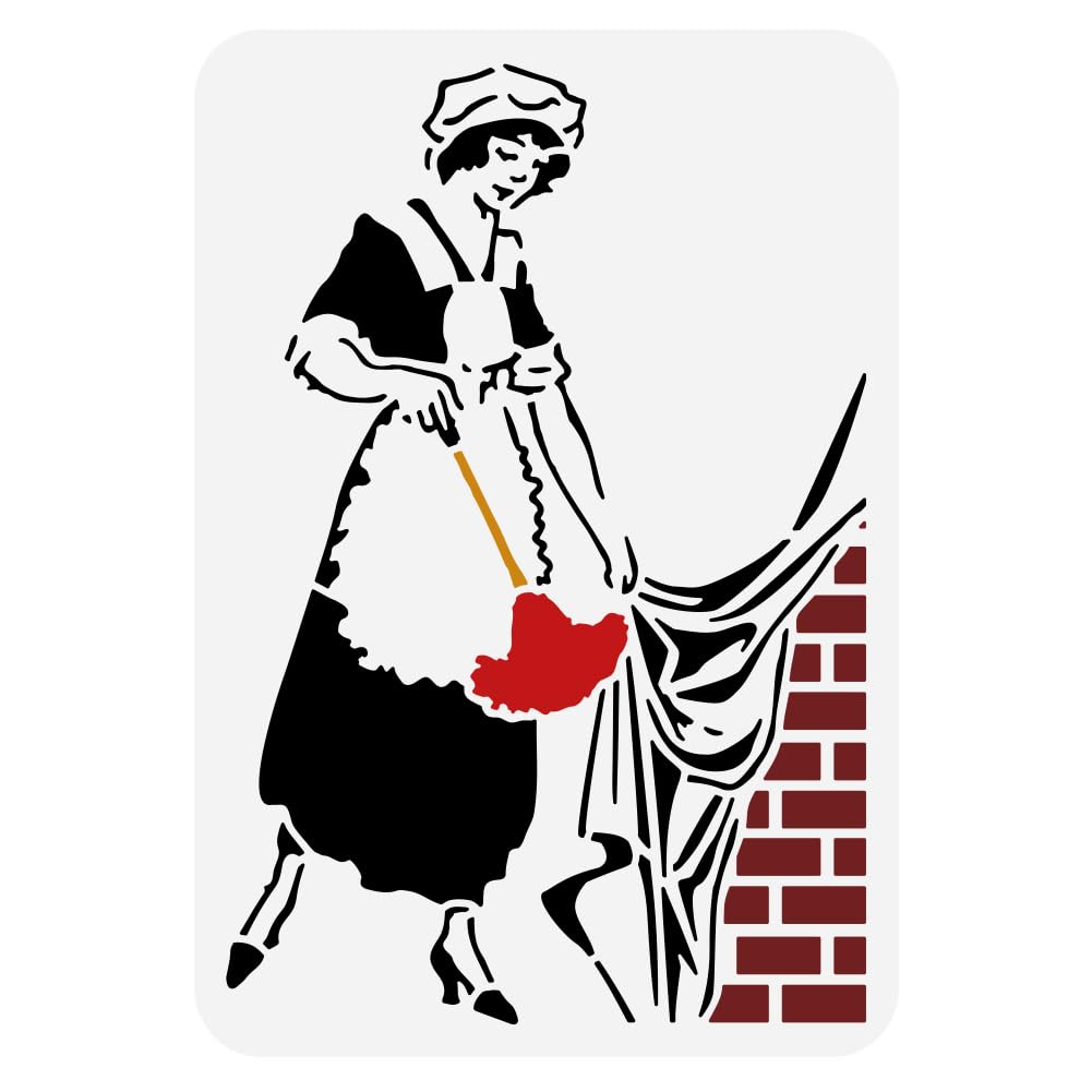 FINGERINSPIREPainting Stencil Sweeping Maid 21 x 29.7 cm Large Stencil Sweeping Woman Reusable Brick Curtain Pattern Drawing Template Graffiti Art Stencil Banksy Theme Template