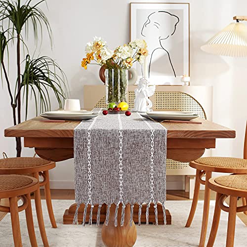 Chassic Rustic Farmhouse Style Linen Table Runner, Boho Handmade Tassel Embroidery Table Runners 90 Inches Long for Holiday Party, Dresser and Dining Decorations, 13 x 90 inch - Coffee