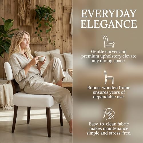 Image of Mid Century Modern Dining Chairs, Farmhouse Velvet Upholstered Accent Chair Curved Backrest Kitchen Chairs Set of 2, with Hardwood Frame, Cream, Velvet-beige