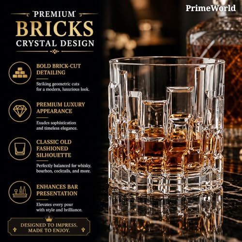 Image of PrimeWorld Premium Bricks European Crystal Whiskey Glasses Set of 6 pcs- 320 ml Bar Glass for Drinking Bourbon, Whisky, Scotch, Cocktails, Cognac- Old Fashioned Cocktail Tumblers