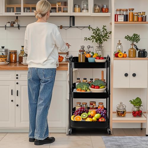 Viuxule Storage Cart, 3 Tier Metal Trolley Cart with Wheels, Black Rolling Utility Cart for Kitchen, Bathroom, Office, Bedroom, Veg Rack and Multi-Purpose Organizer for Snack, Makeup, Book, Diaper - Image 6